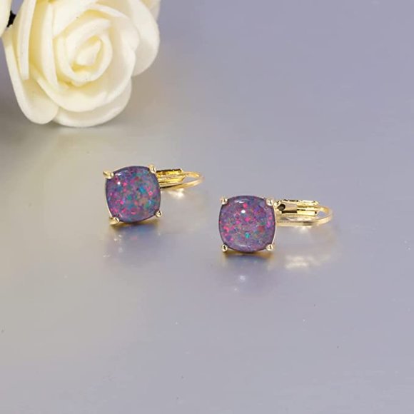 14K Square Opal Hoops Earrings - Picture 2 of 4